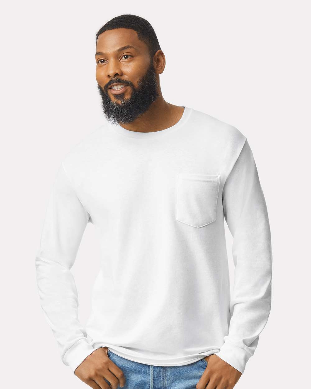 Men's Ultra Cotton® Long Sleeve Pocket T-Shirt - OnModelFront - B05060003 - White