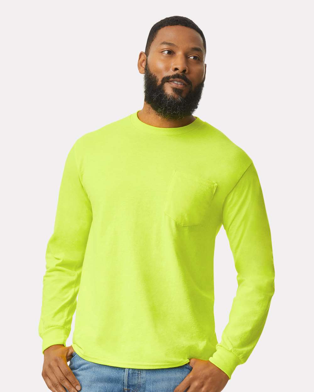 Men's Ultra Cotton® Long Sleeve Pocket T-Shirt - OnModelFront - B05060163 - Safety Green