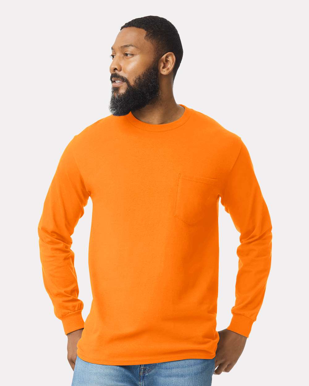 Men's Ultra Cotton® Long Sleeve Pocket T-Shirt - OnModelFront - B05060333 - Safety Orange