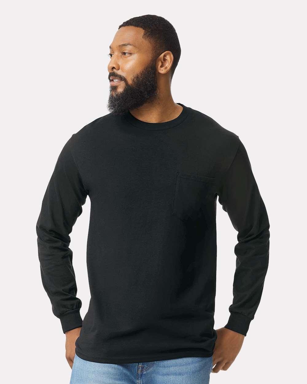 Men's Ultra Cotton® Long Sleeve Pocket T-Shirt - OnModelFront - B05060503 - Black
