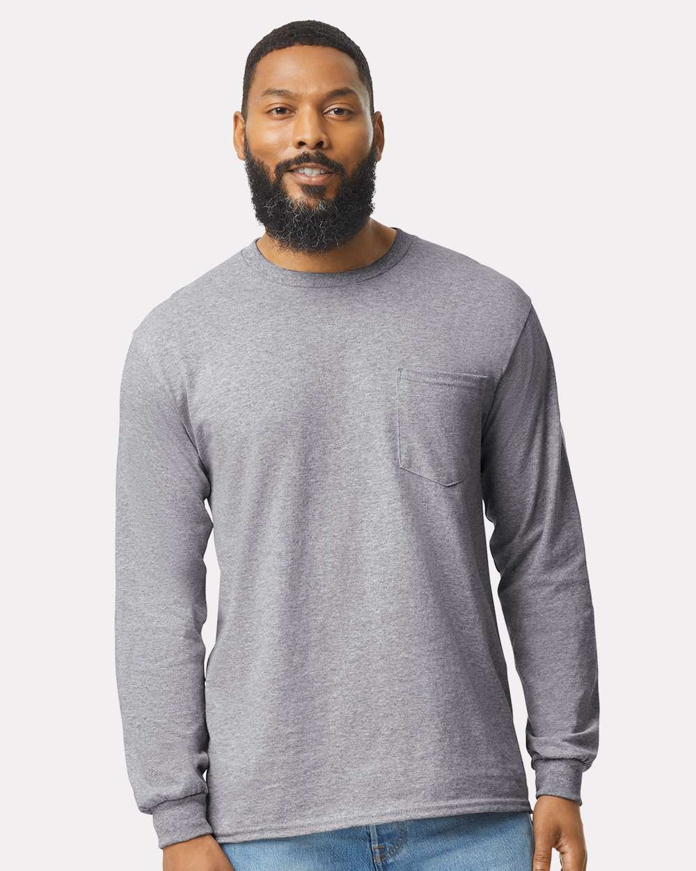 Men's Ultra Cotton® Long Sleeve Pocket T-Shirt - OnModelFront - B05060583 - Sport Grey