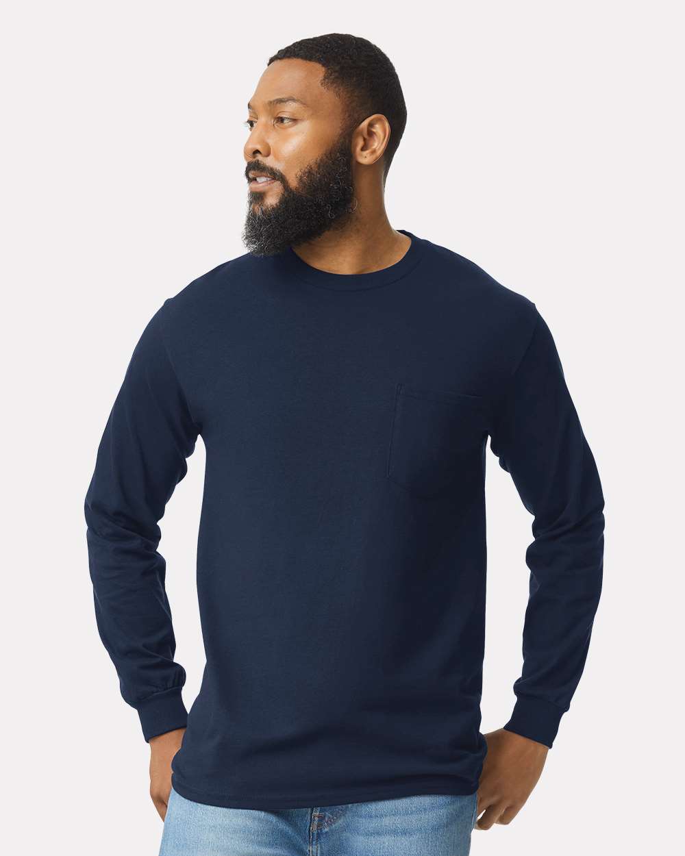Men's Ultra Cotton® Long Sleeve Pocket T-Shirt - OnModelFront - B05060653 - Navy