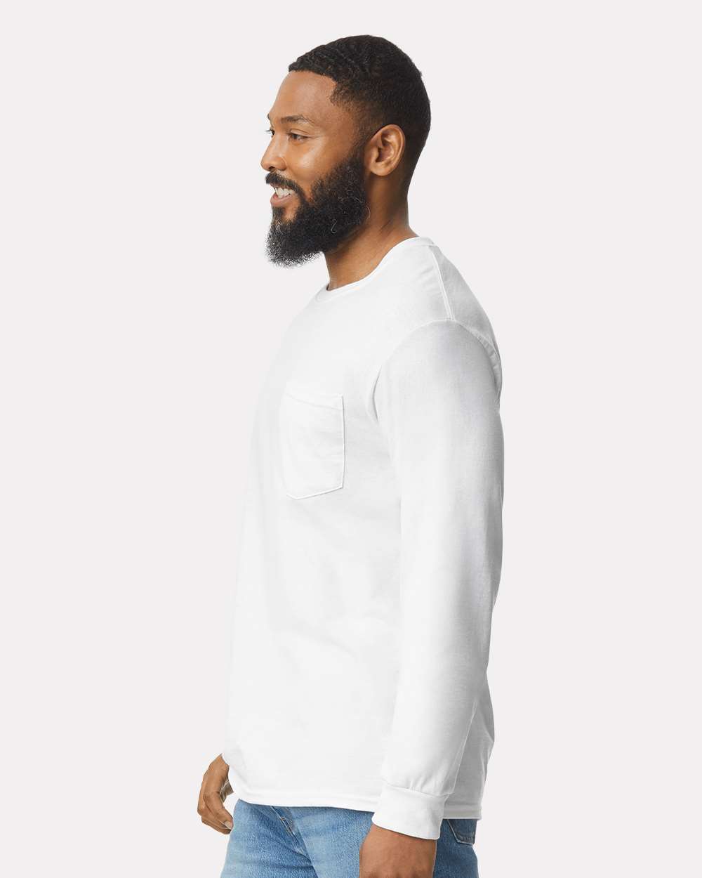 Men's Ultra Cotton® Long Sleeve Pocket T-Shirt - OnModelSide - B05060003 - White