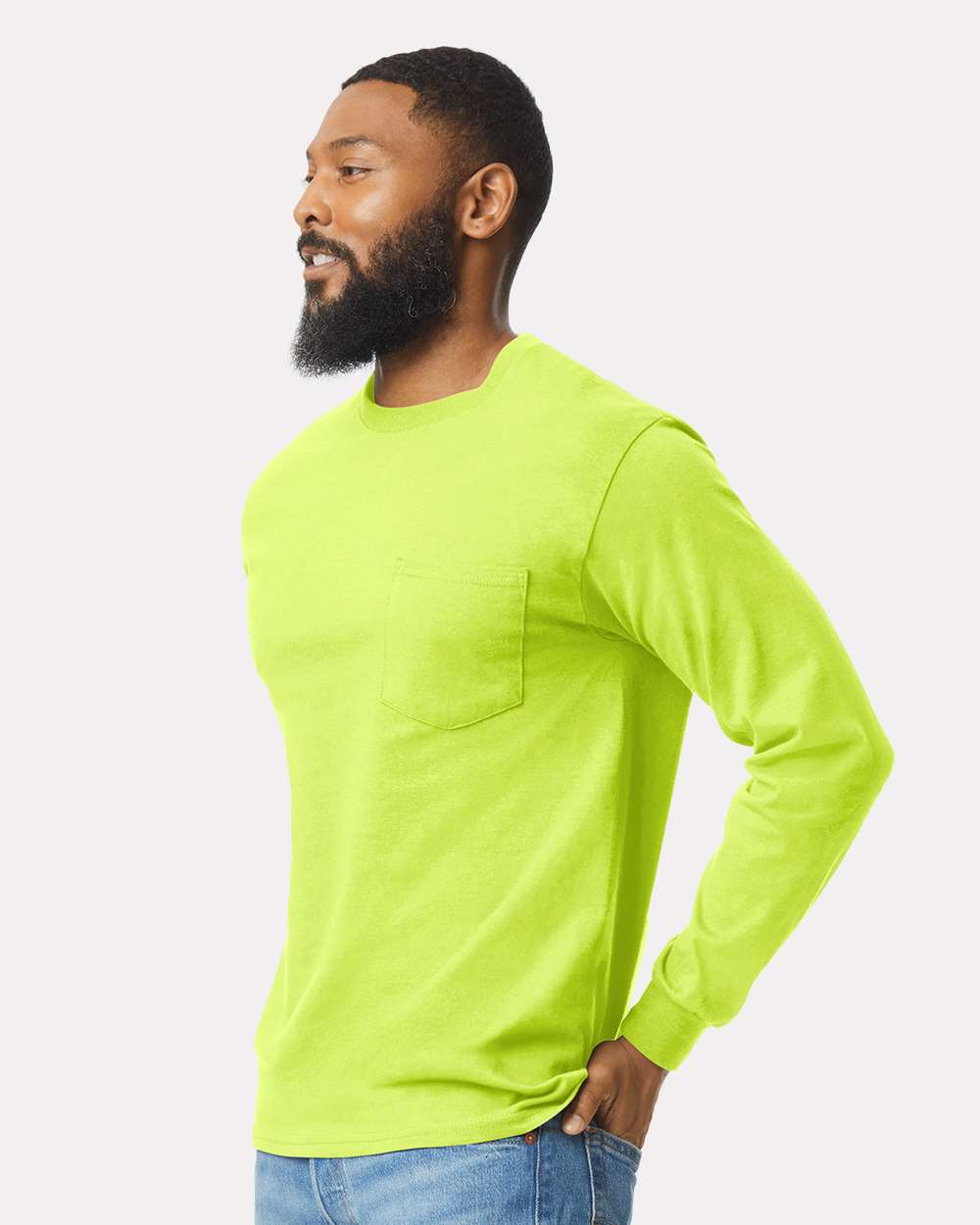 Men's Ultra Cotton® Long Sleeve Pocket T-Shirt - OnModelSide - B05060163 - Safety Green