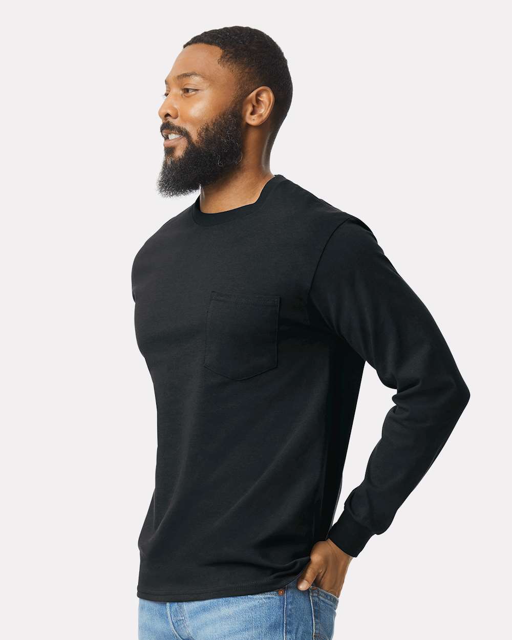 Men's Ultra Cotton® Long Sleeve Pocket T-Shirt - OnModelSide - B05060503 - Black