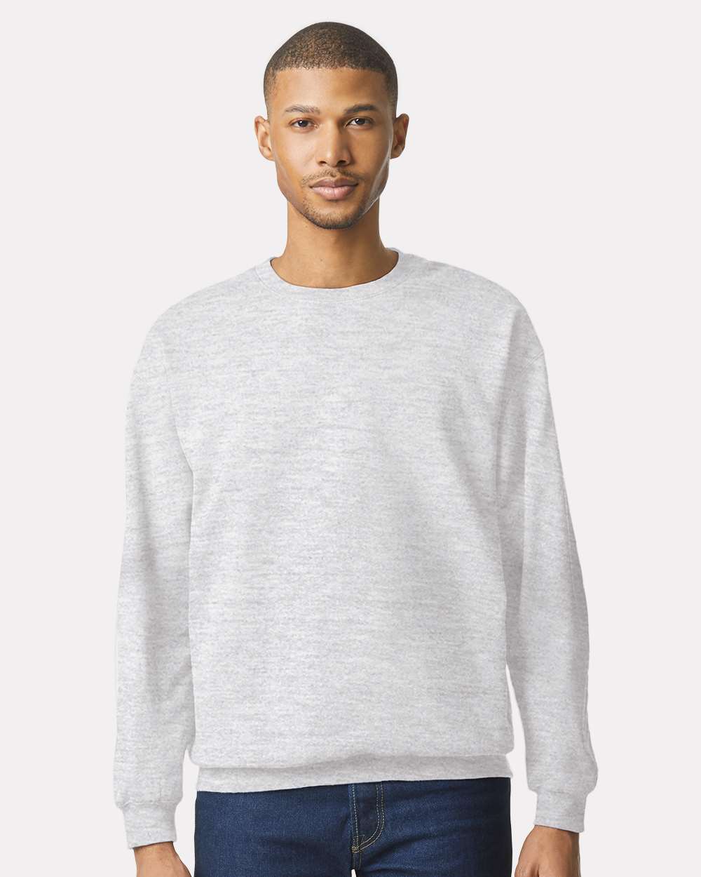 Unisex Softstyle® Midweight Crewneck Sweatshirt - OnModelFront - B24060033 - Ash Grey