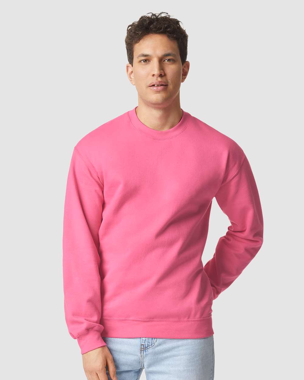 Unisex Softstyle® Midweight Crewneck Sweatshirt - OnModelFront - B24060303 - Pink Lemonade