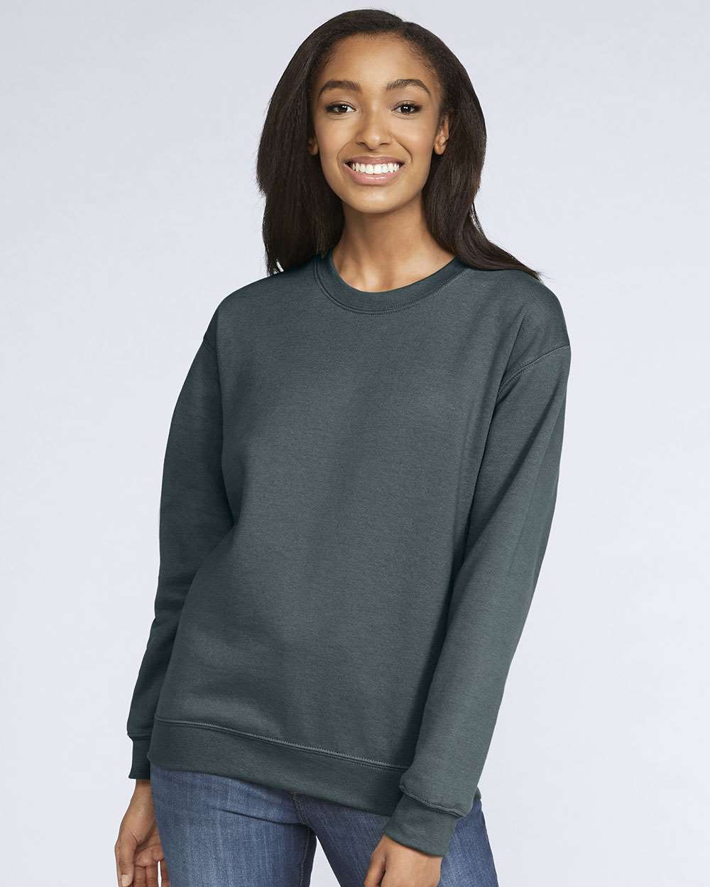 Unisex Softstyle® Midweight Crewneck Sweatshirt - OnModelFront - B24060493 - Dark Heather