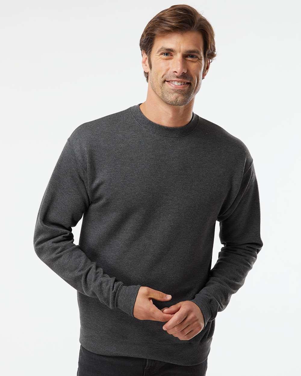 Unisex Perfect Sweats Crewneck Sweatshirt - OnModelFront - B02800093 - Charcoal Heather
