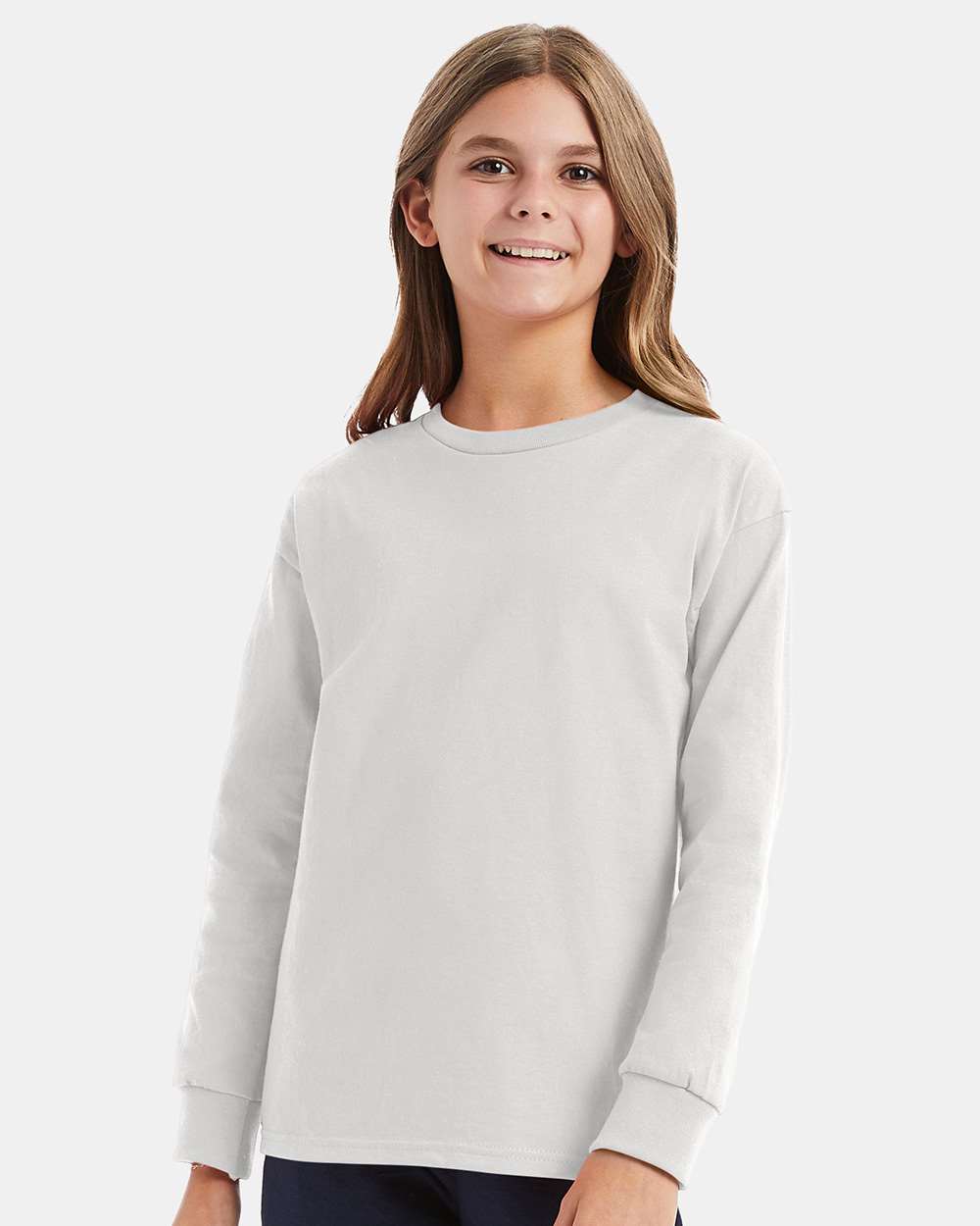 Youth Authentic Long Sleeve T-Shirt - OnModelFront - B34000002 - White