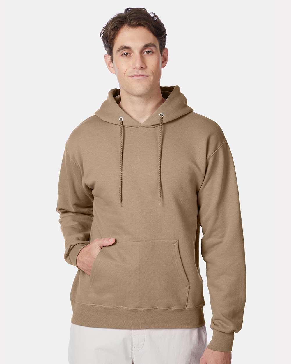 Unisex Ultimate Cotton® Hooded Sweatshirt - OnModelFront - B22200363 - Pebble
