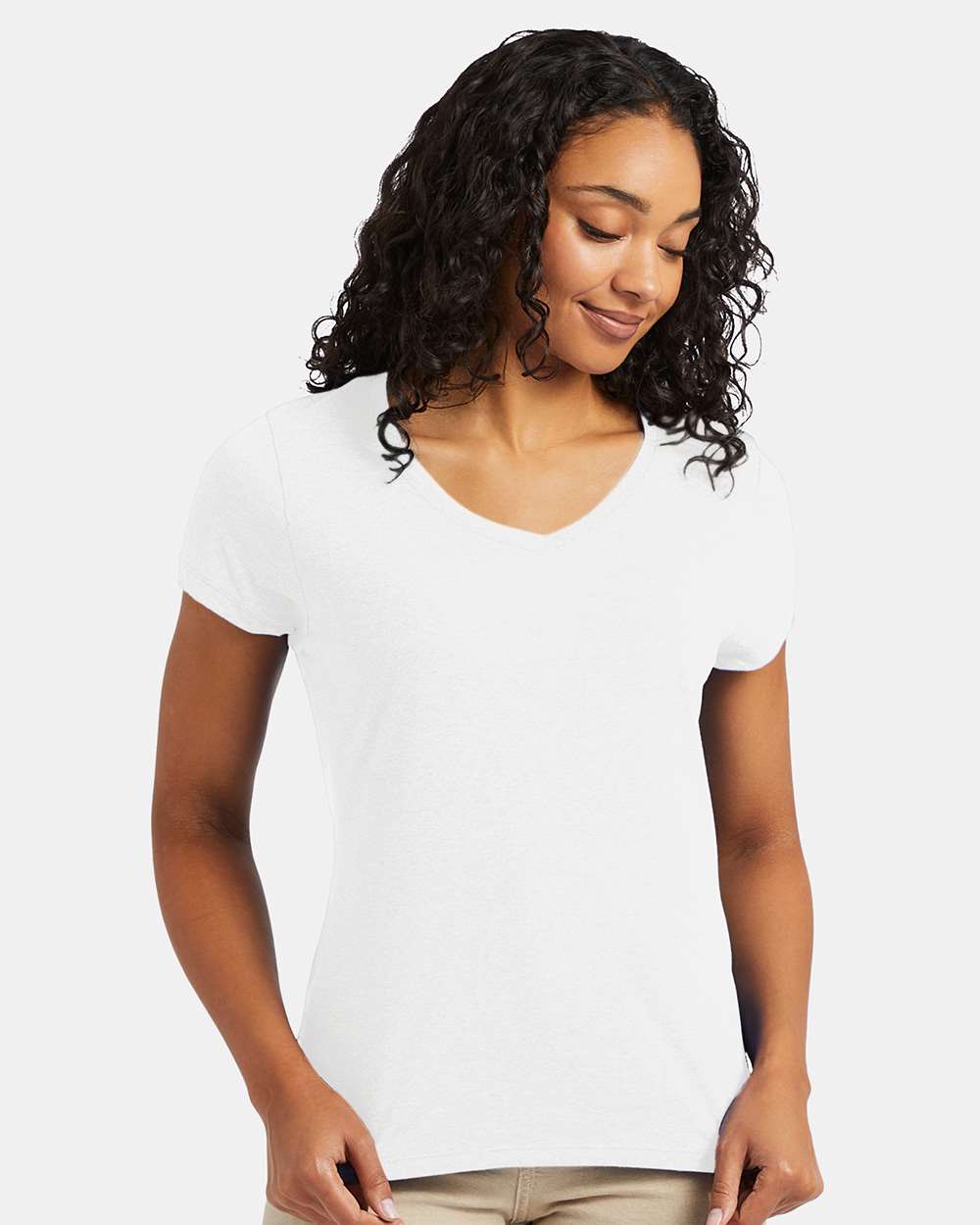 Women's Perfect-T Triblend V-Neck T-Shirt - OnModelFront - B34300013 - Eco White