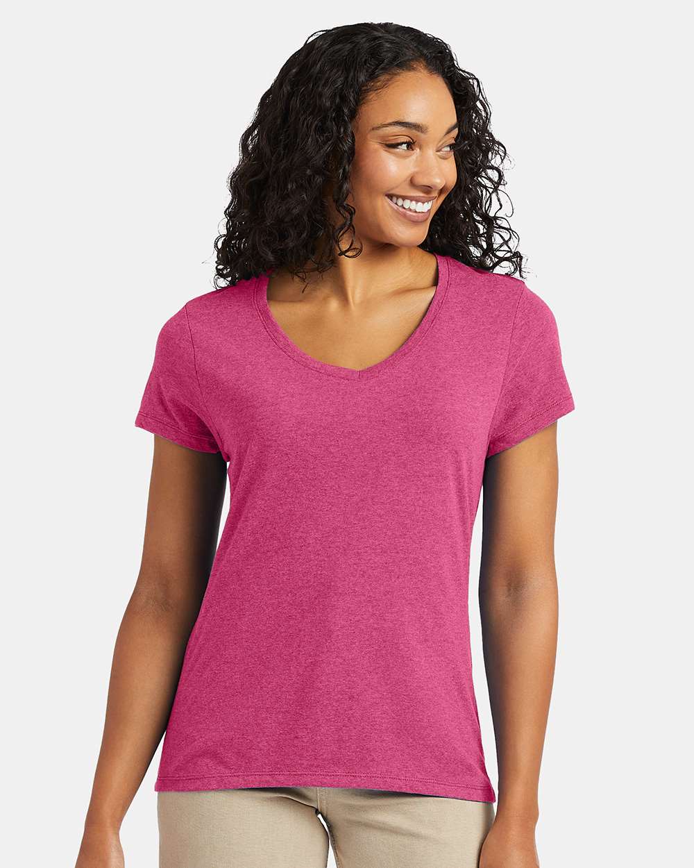 Women's Perfect-T Triblend V-Neck T-Shirt - OnModelFront - B34300303 - Jazzberry Pink Triblend