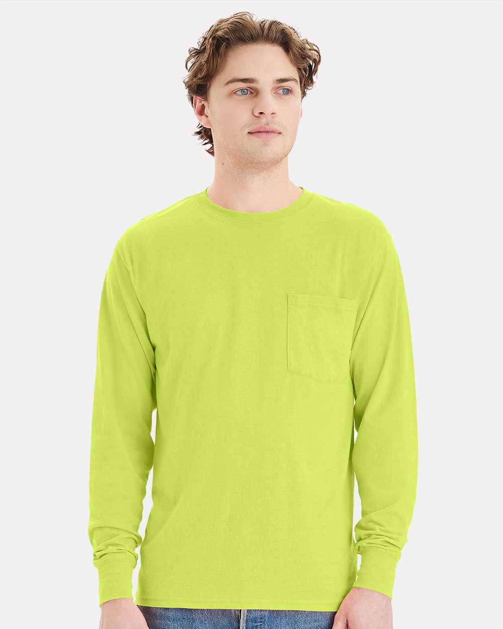Unisex Workwear Long Sleeve Pocket T-Shirt - OnModelFront - B25100163 - Safety Green