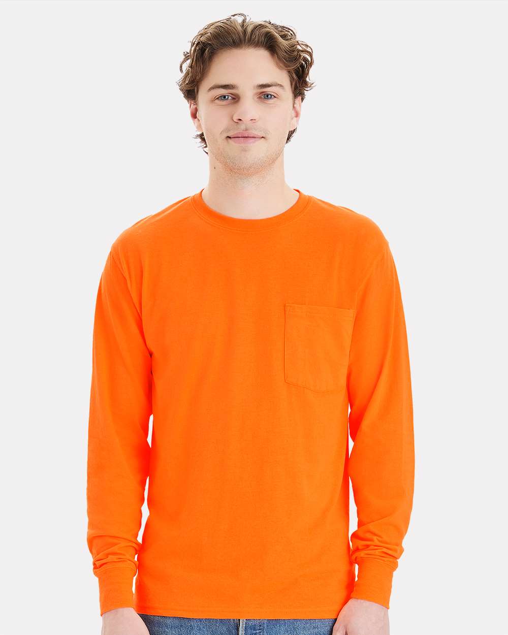 Unisex Workwear Long Sleeve Pocket T-Shirt - OnModelFront - B25100343 - Safety Orange