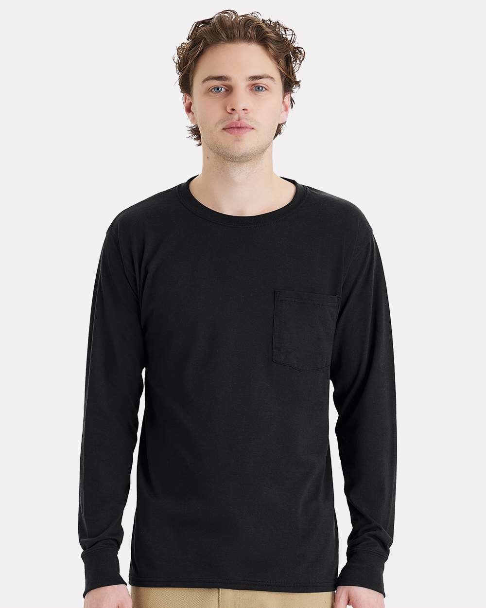 Unisex Workwear Long Sleeve Pocket T-Shirt - OnModelFront - B25100503 - Black