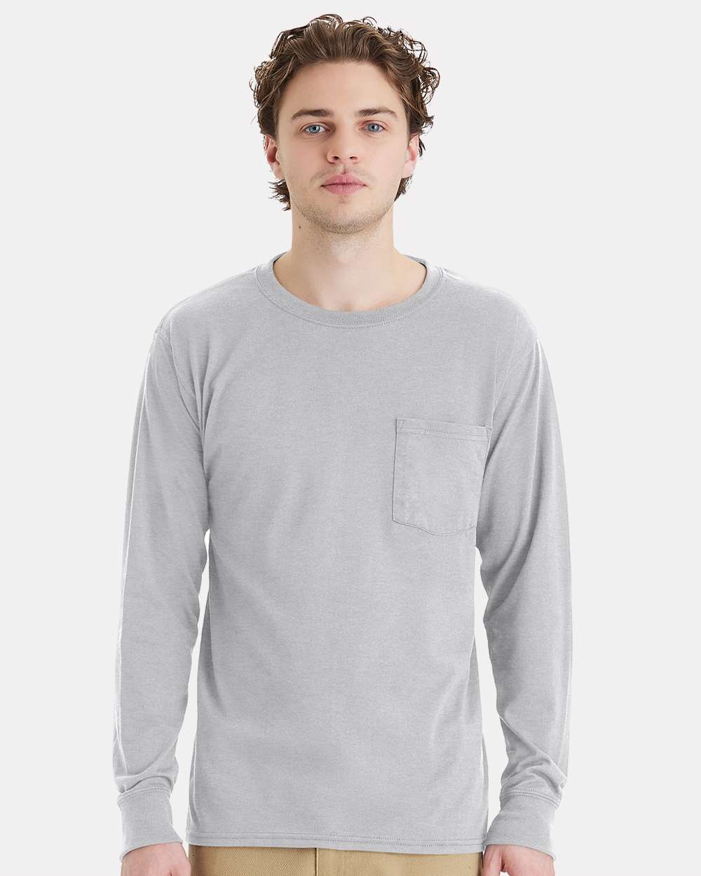 Unisex Workwear Long Sleeve Pocket T-Shirt - OnModelFront - B25100583 - Light Steel