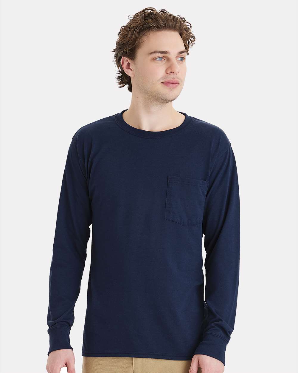 Unisex Workwear Long Sleeve Pocket T-Shirt - OnModelFront - B25100653 - Navy
