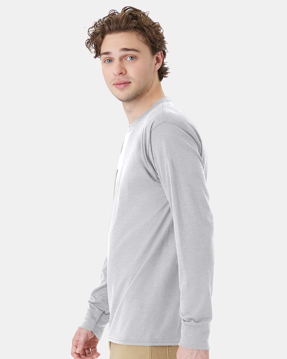 Unisex Workwear Long Sleeve Pocket T-Shirt - OnModelSide - B25100583 - Light Steel
