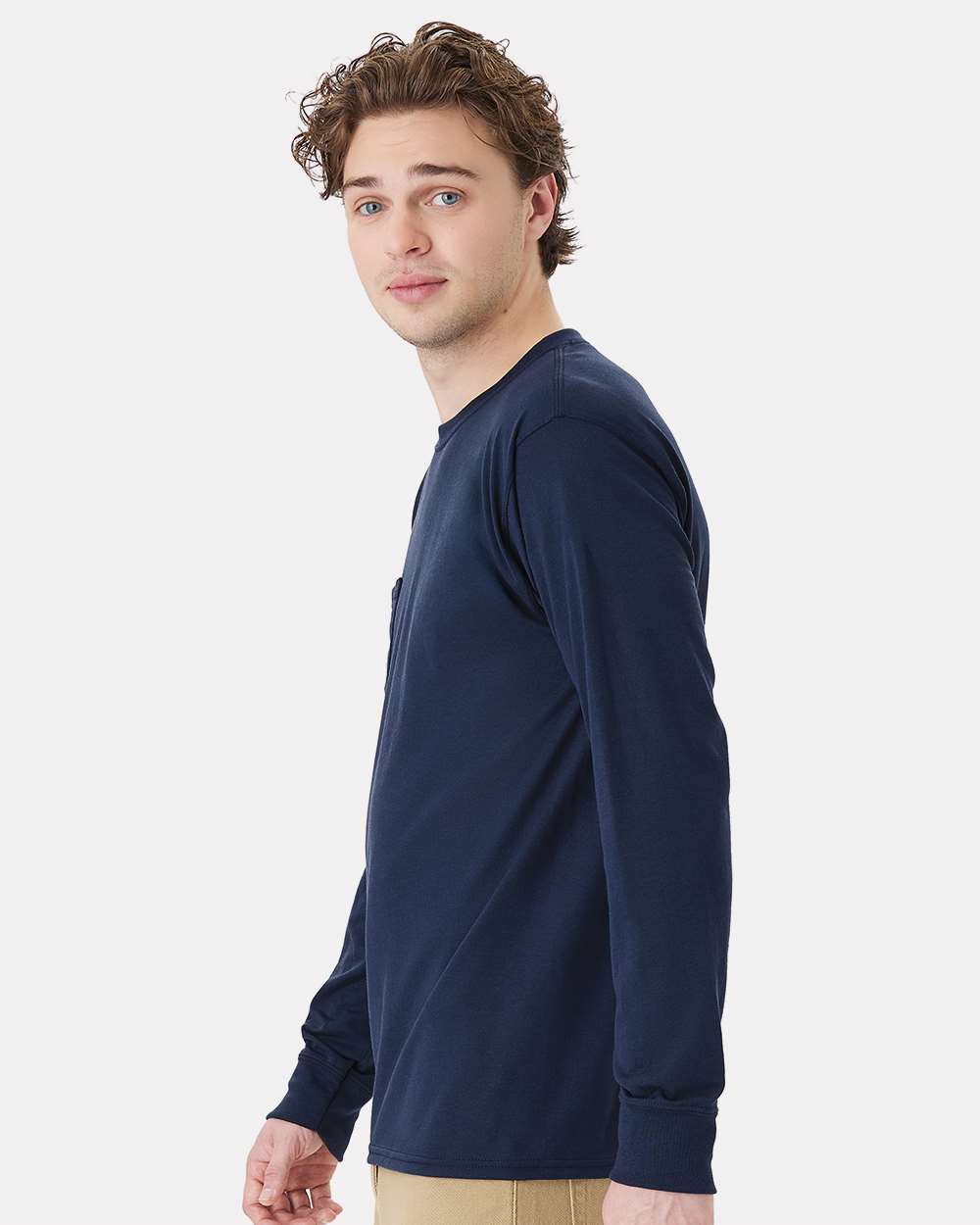 Unisex Workwear Long Sleeve Pocket T-Shirt - OnModelSide - B25100653 - Navy