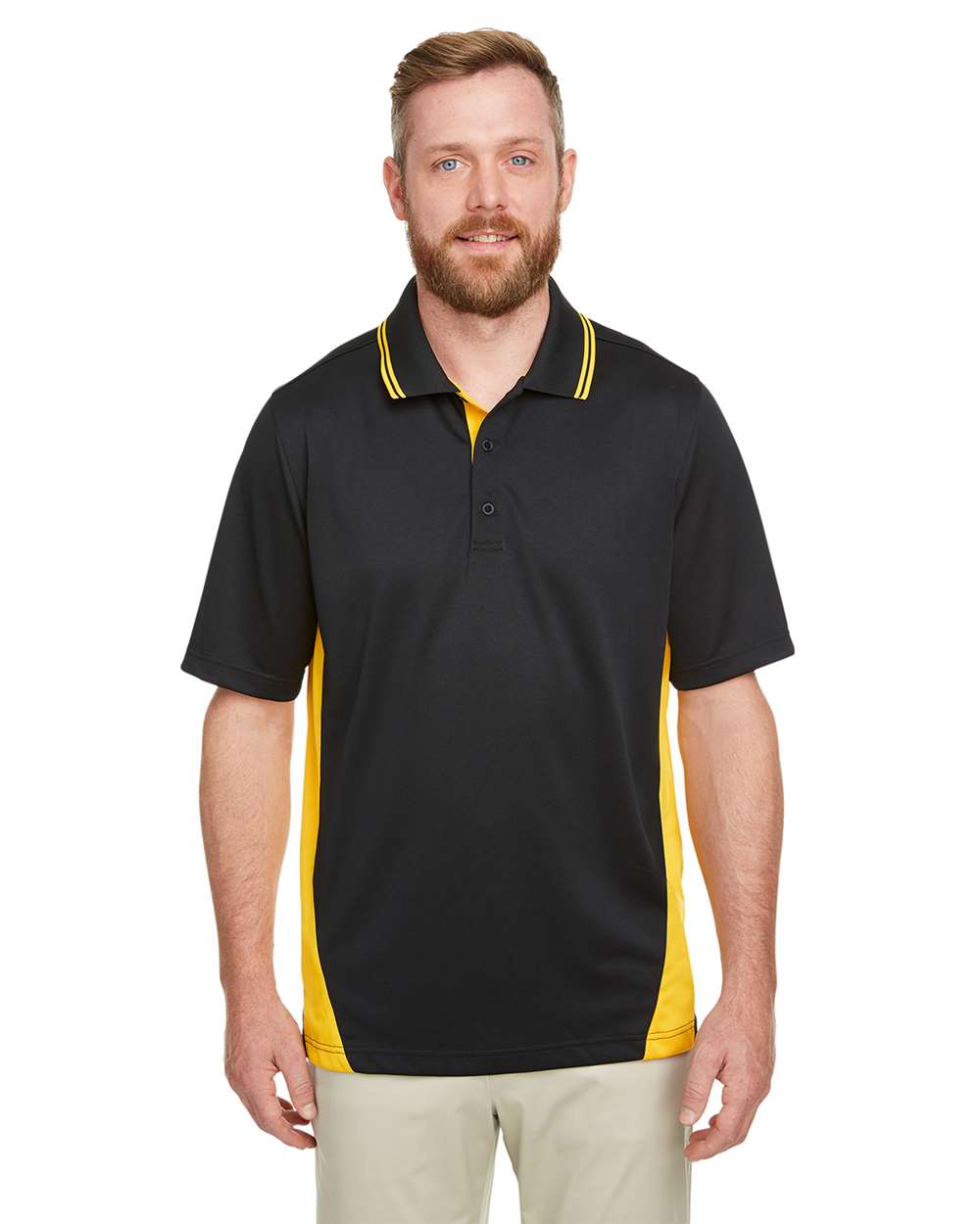Men's Tall Flash Snag Protection Plus IL Colorblock Polo - OnModelFront - B227B9105 - Black/ Sunray Yellow
