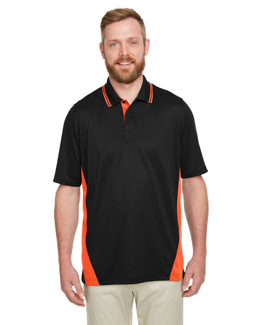 Men's Tall Flash Snag Protection Plus IL Colorblock Polo - OnModelFront - B227B9115 - Black/ Team Orange