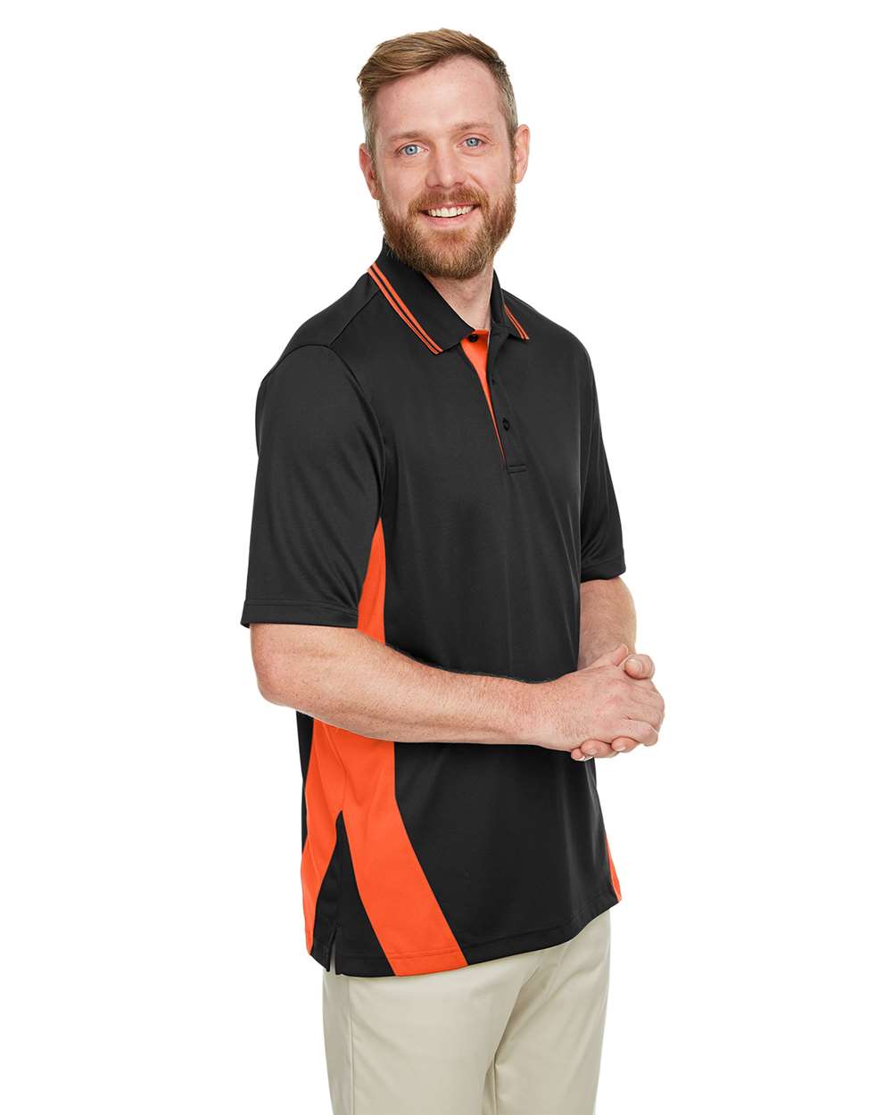 Men's Tall Flash Snag Protection Plus IL Colorblock Polo - OnModelSide - B227B9115 - Black/ Team Orange