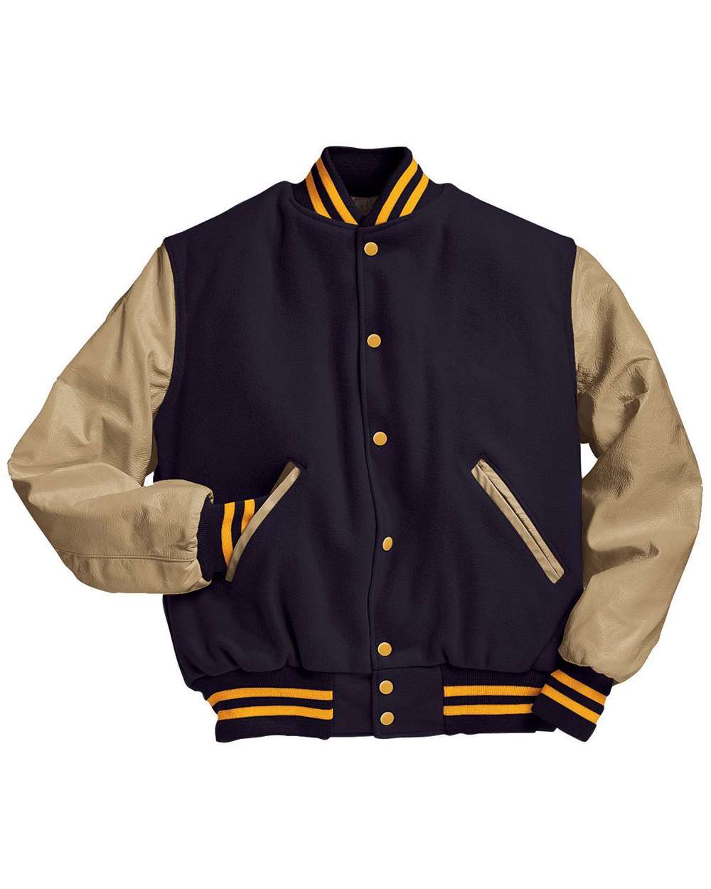 Men's Varsity Wool Jacket - Front - B14964112 - Dark Navy/ Cream/ Light Gold
