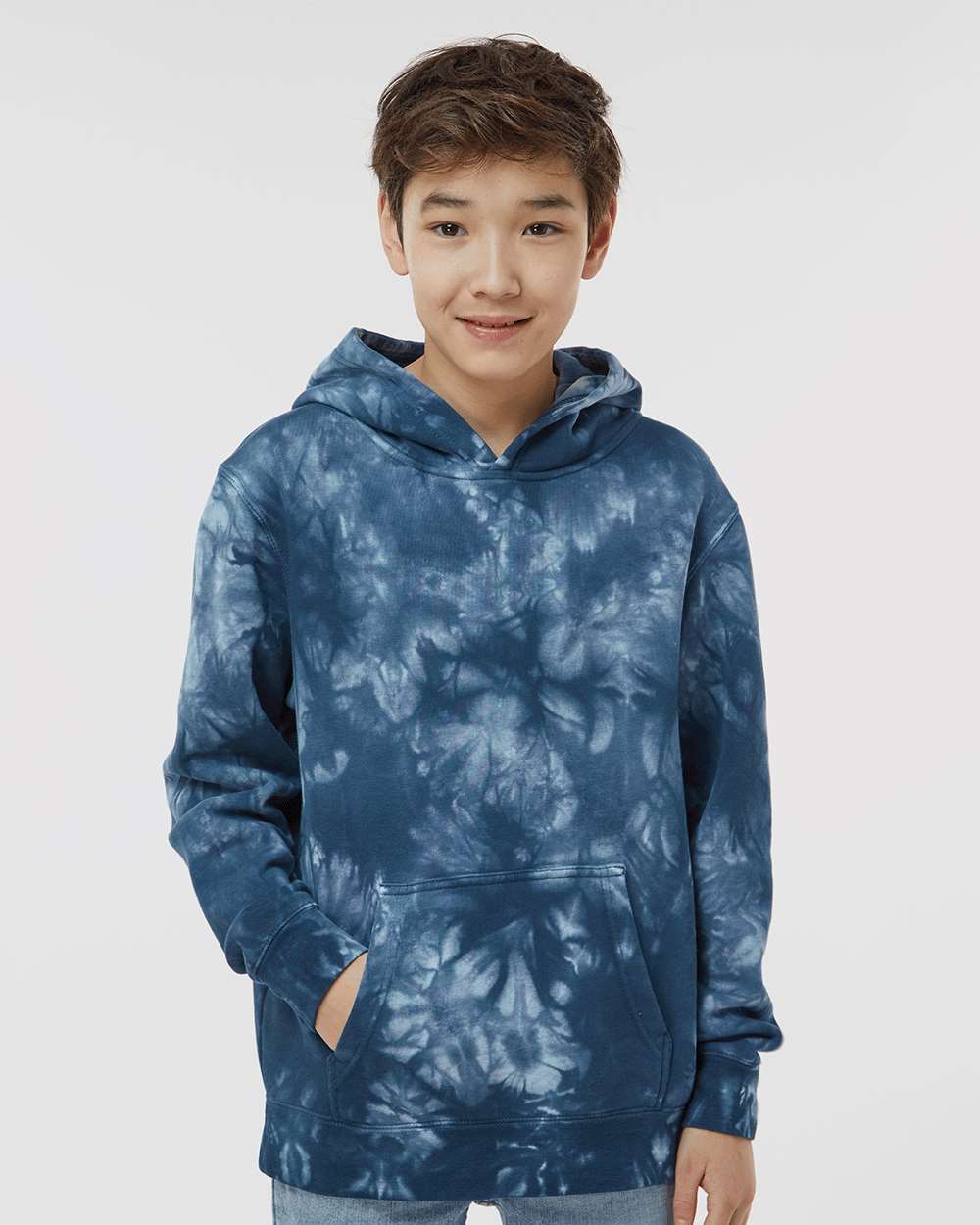 Youth Midweight Tie-Dyed Hooded Sweatshirt - OnModelFront - B03576652 - Tie Dye Navy