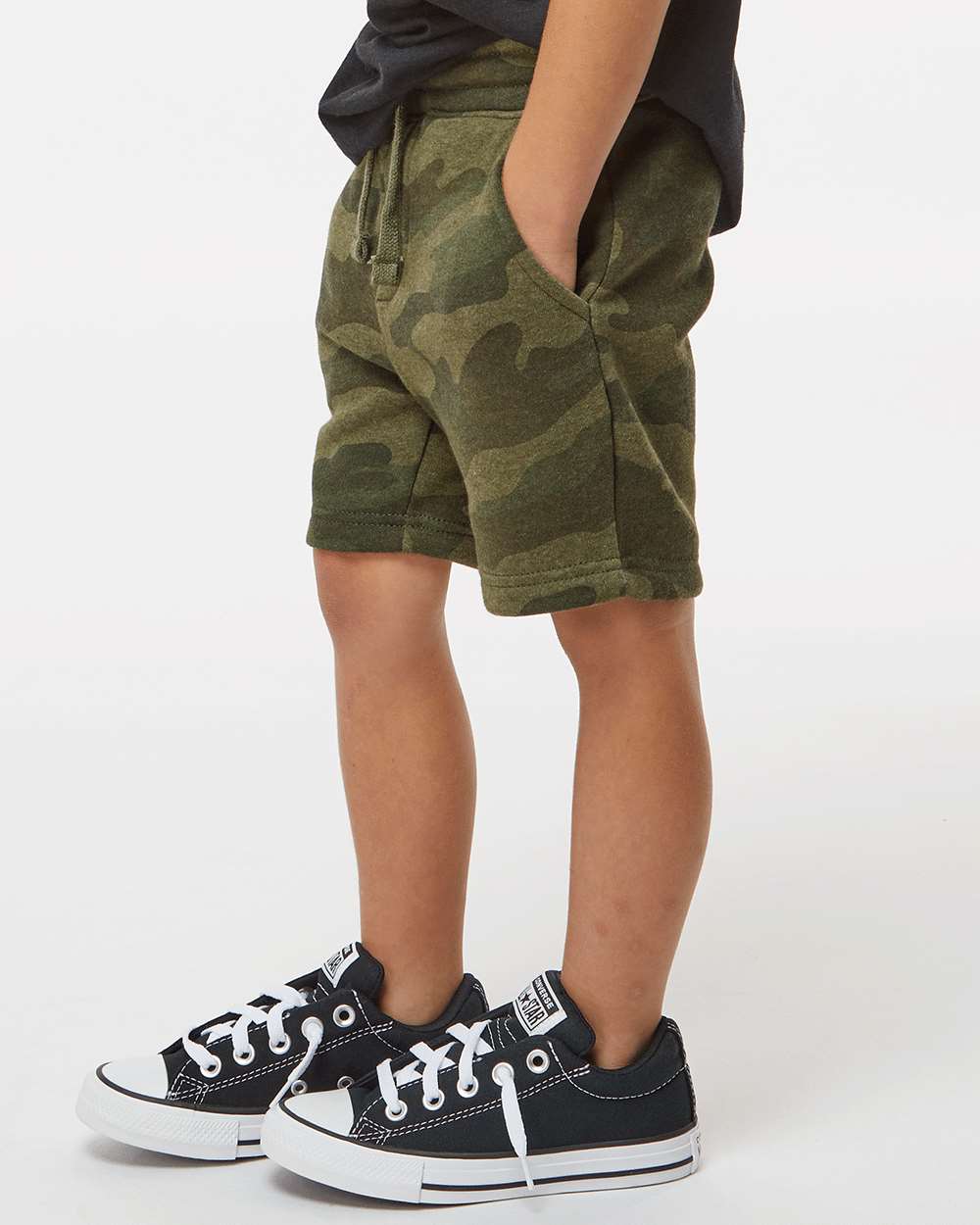 Toddler Lightweight Special Blend Fleece Shorts - OnModelSide - B03976623 - Forest Camo Heather