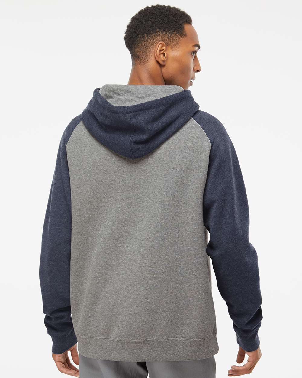 Unisex Raglan Hooded Sweatshirt - OnModelBack - B82976652 - Gunmetal Heather/ Classic Navy Heather