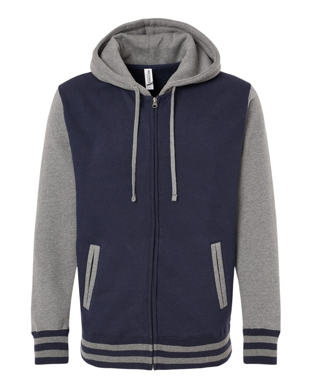 Unisex Heavyweight Varsity Full-Zip Hooded Sweatshirt - Front - B20576652 - Classic Navy/ Gunmetal Heather