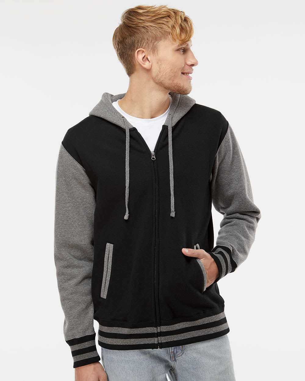 Unisex Heavyweight Varsity Full-Zip Hooded Sweatshirt - OnModelFront - B20576502 - Black/ Gunmetal Heather