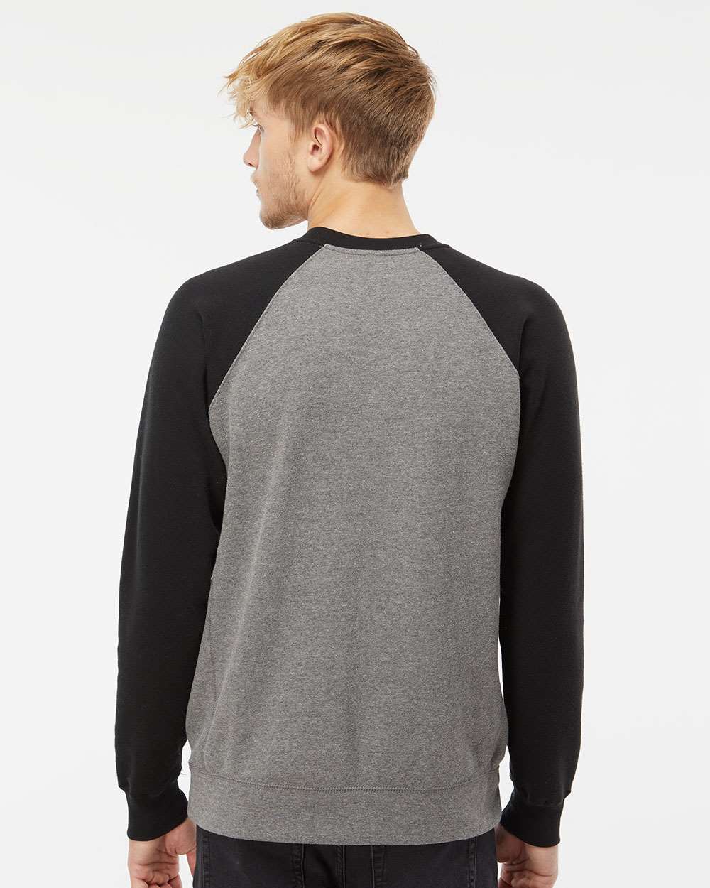 Unisex Special Blend Raglan Crewneck Sweatshirt - OnModelBack - B82576512 - Nickel Heather/ Black