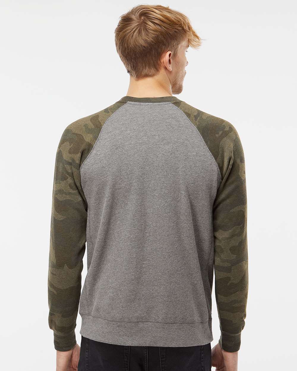Unisex Special Blend Raglan Crewneck Sweatshirt - OnModelBack - B82576982 - Nickel Heather/ Forest Camo