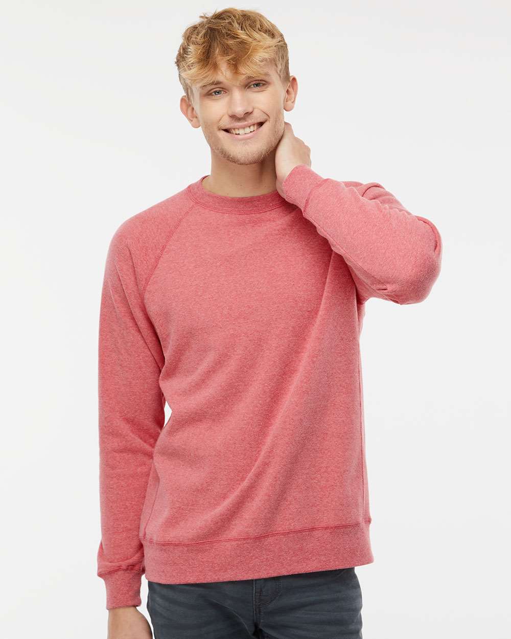 Unisex Special Blend Raglan Crewneck Sweatshirt - OnModelFront - B82576033 - Pomegranate