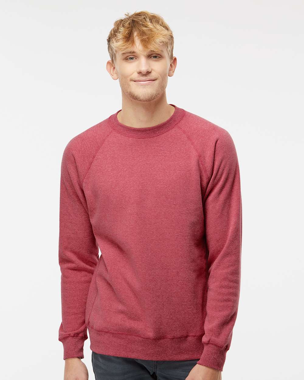 Unisex Special Blend Raglan Crewneck Sweatshirt - OnModelFront - B82576222 - Crimson