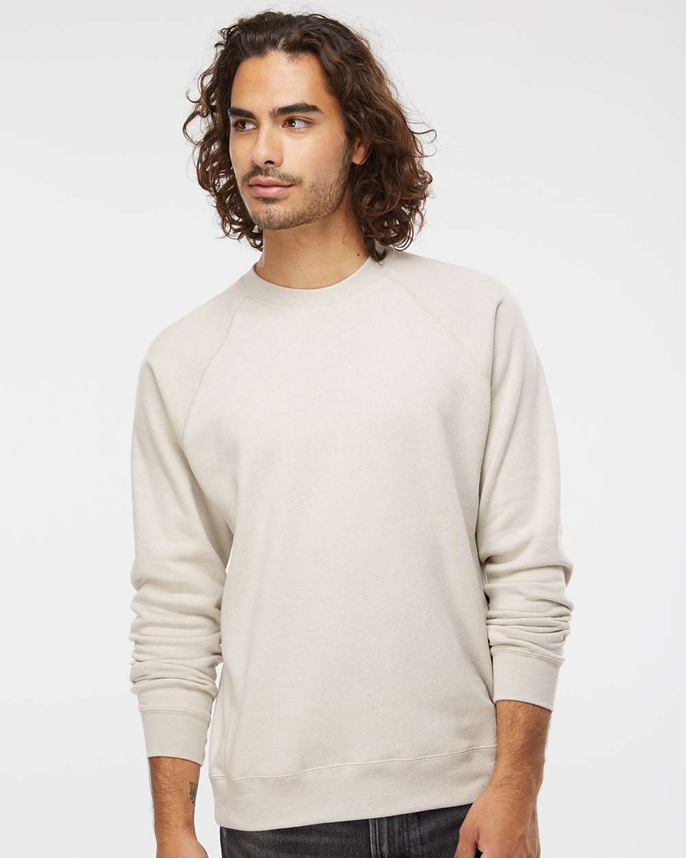 Unisex Special Blend Raglan Crewneck Sweatshirt - OnModelFront - B82576242 - Stone Heather
