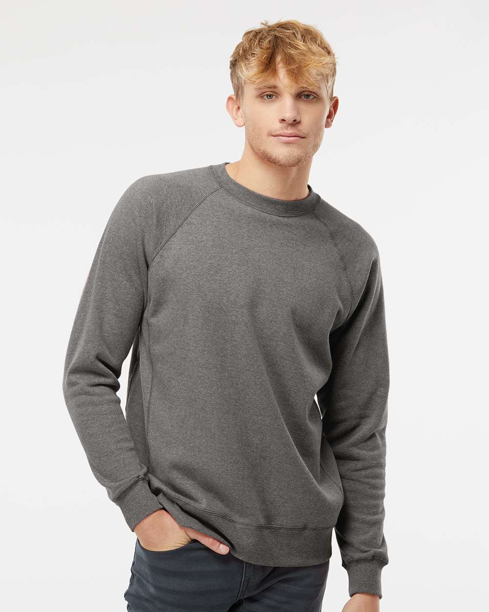 Unisex Special Blend Raglan Crewneck Sweatshirt - OnModelFront - B82576352 - Nickel