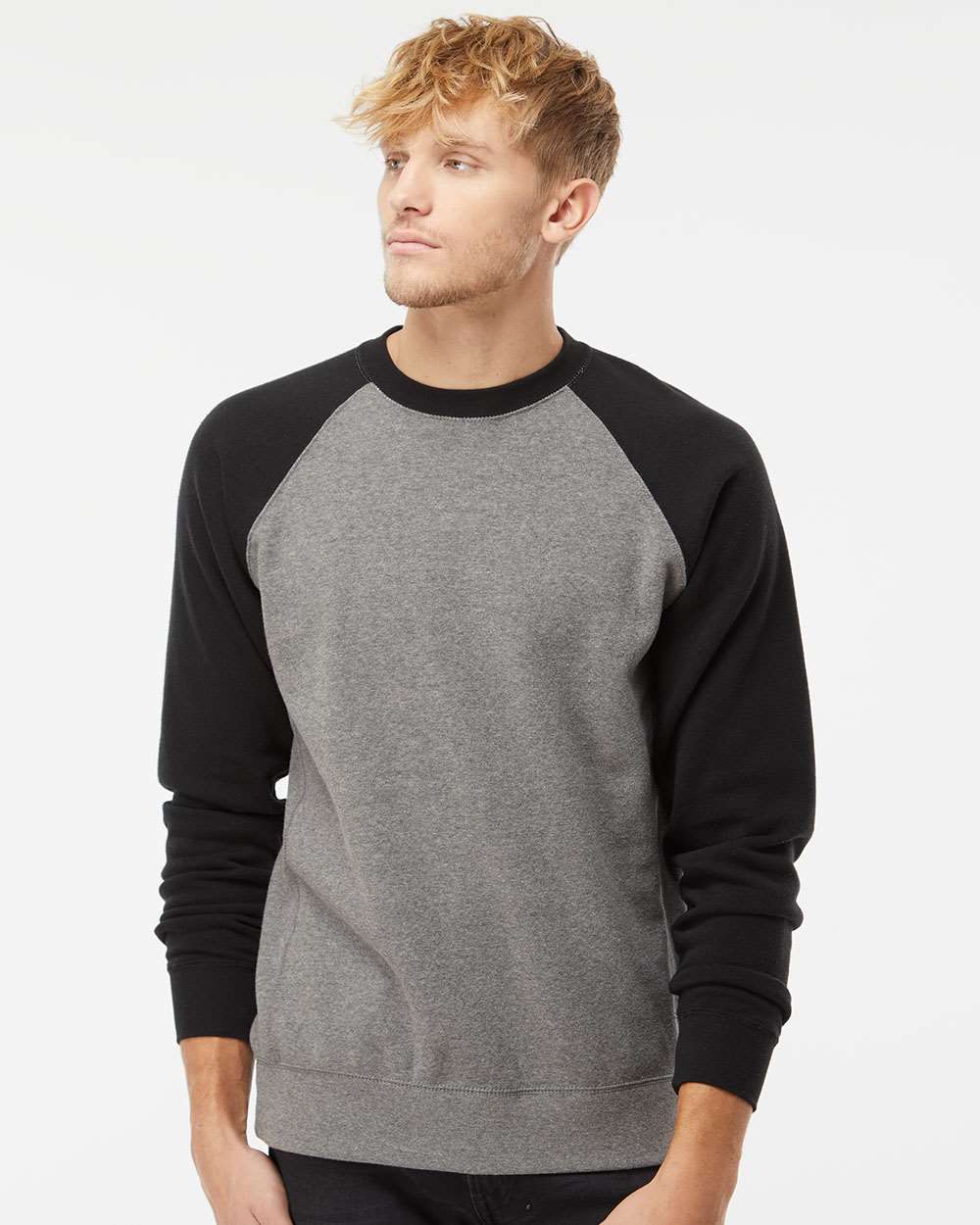Unisex Special Blend Raglan Crewneck Sweatshirt - OnModelFront - B82576512 - Nickel Heather/ Black