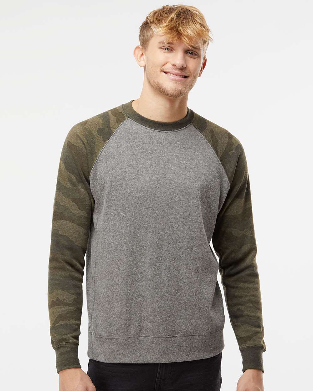 Unisex Special Blend Raglan Crewneck Sweatshirt - OnModelFront - B82576982 - Nickel Heather/ Forest Camo