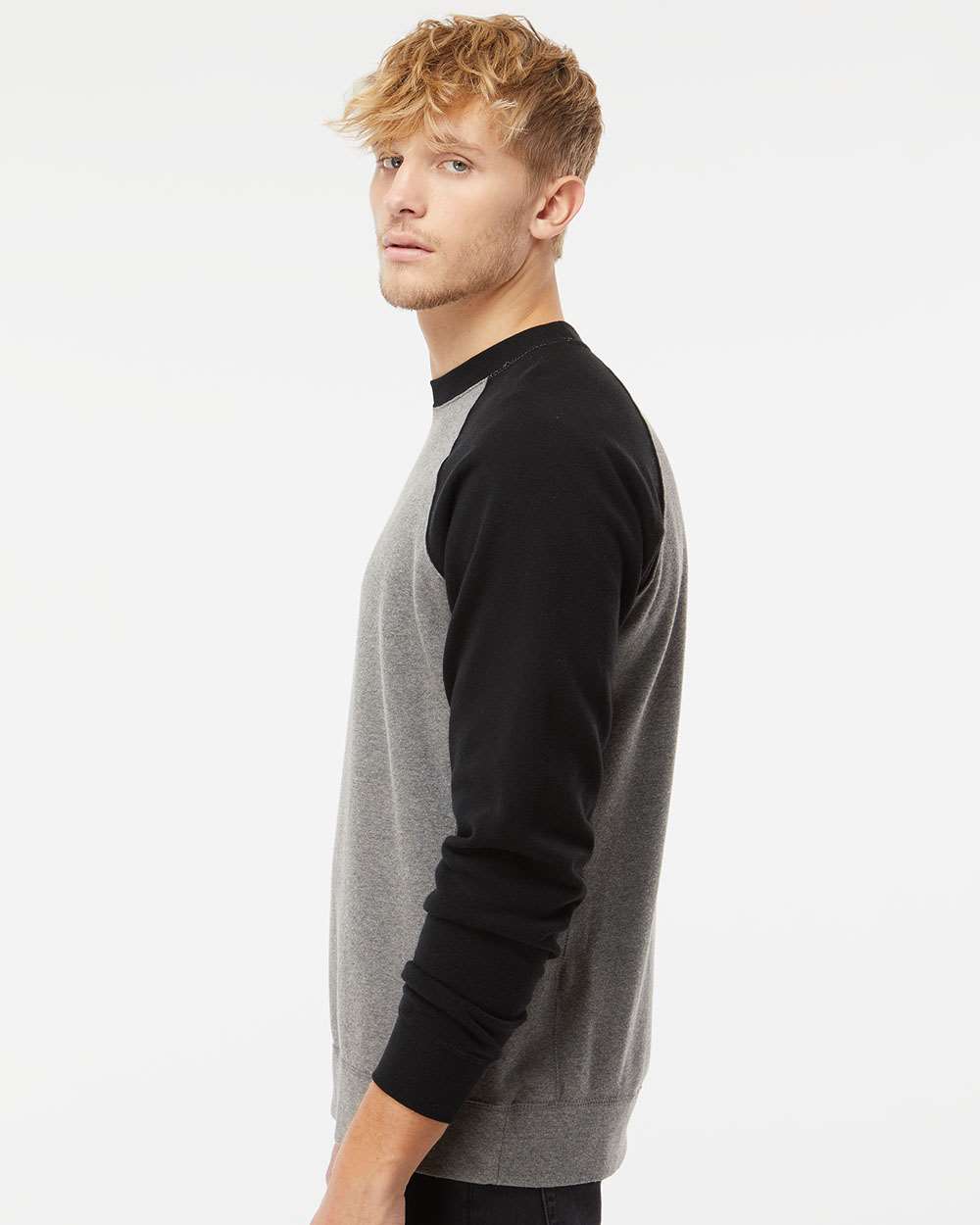 Unisex Special Blend Raglan Crewneck Sweatshirt - OnModelSide - B82576512 - Nickel Heather/ Black