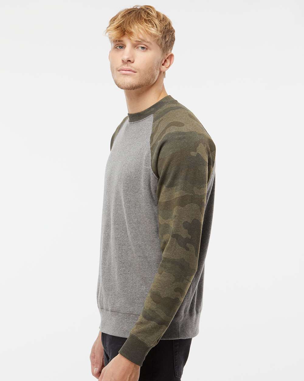 Unisex Special Blend Raglan Crewneck Sweatshirt - OnModelSide - B82576982 - Nickel Heather/ Forest Camo