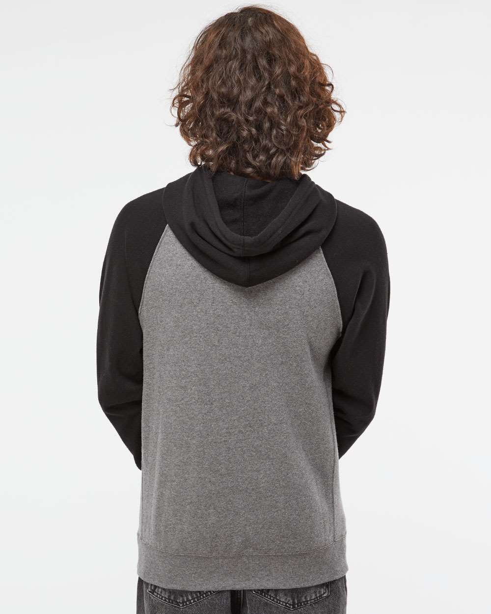Unisex Special Blend Raglan Hooded Sweatshirt - OnModelBack - B83376512 - Nickel Heather/ Black