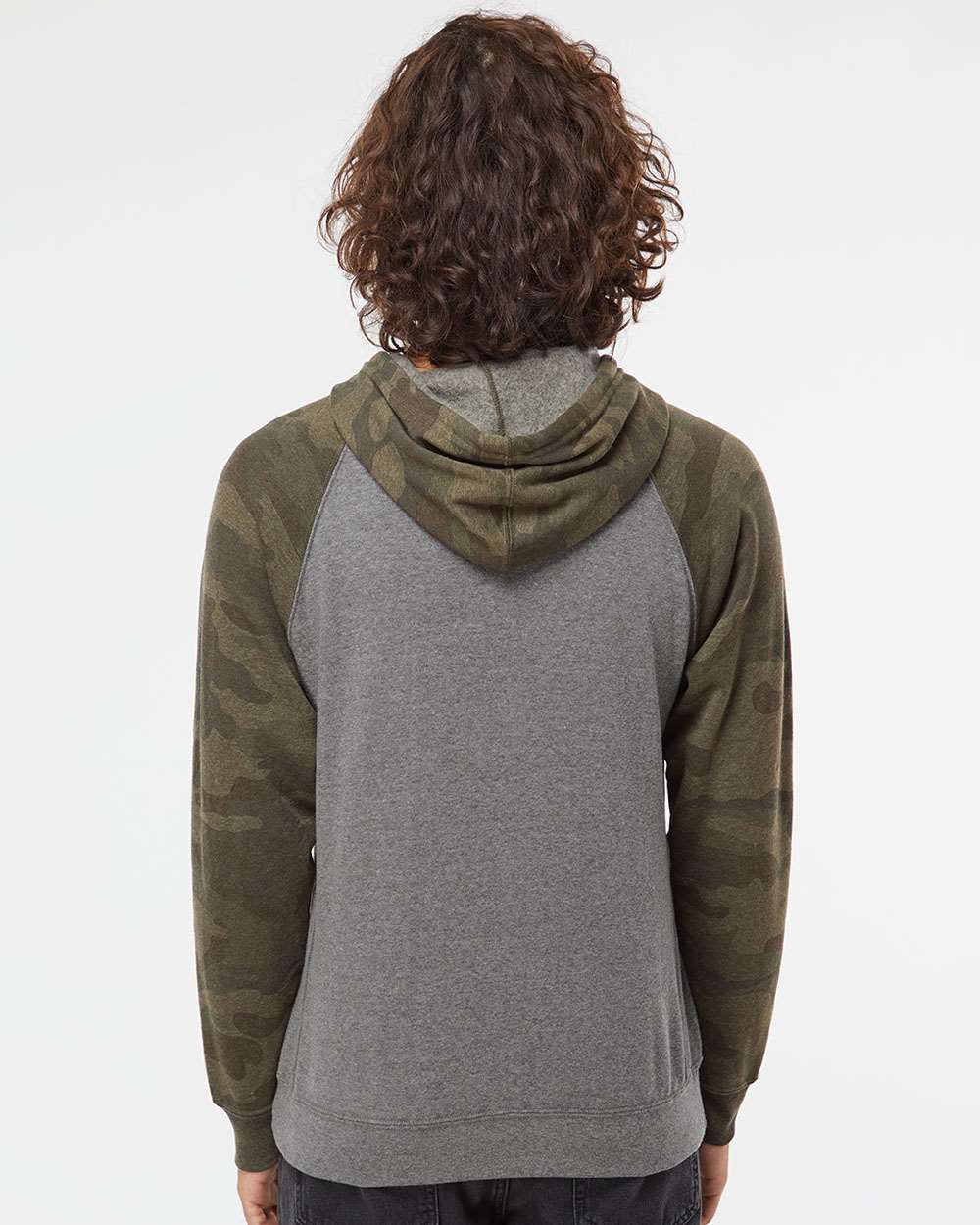 Unisex Special Blend Raglan Hooded Sweatshirt - OnModelBack - B83376982 - Nickel Heather/ Forest Camo
