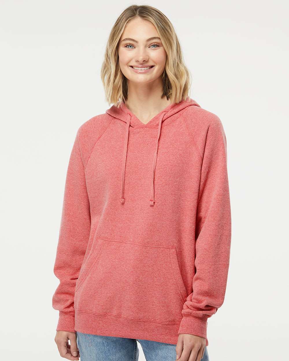 Unisex Special Blend Raglan Hooded Sweatshirt - OnModelFront - B83376032 - Pomegranate