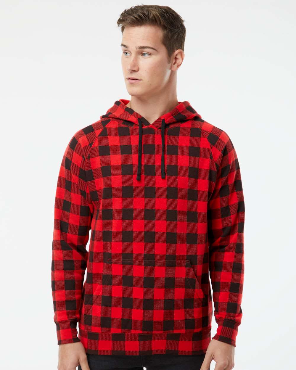 Unisex Special Blend Raglan Hooded Sweatshirt - OnModelFront - B83376712 - Red Buffalo Plaid