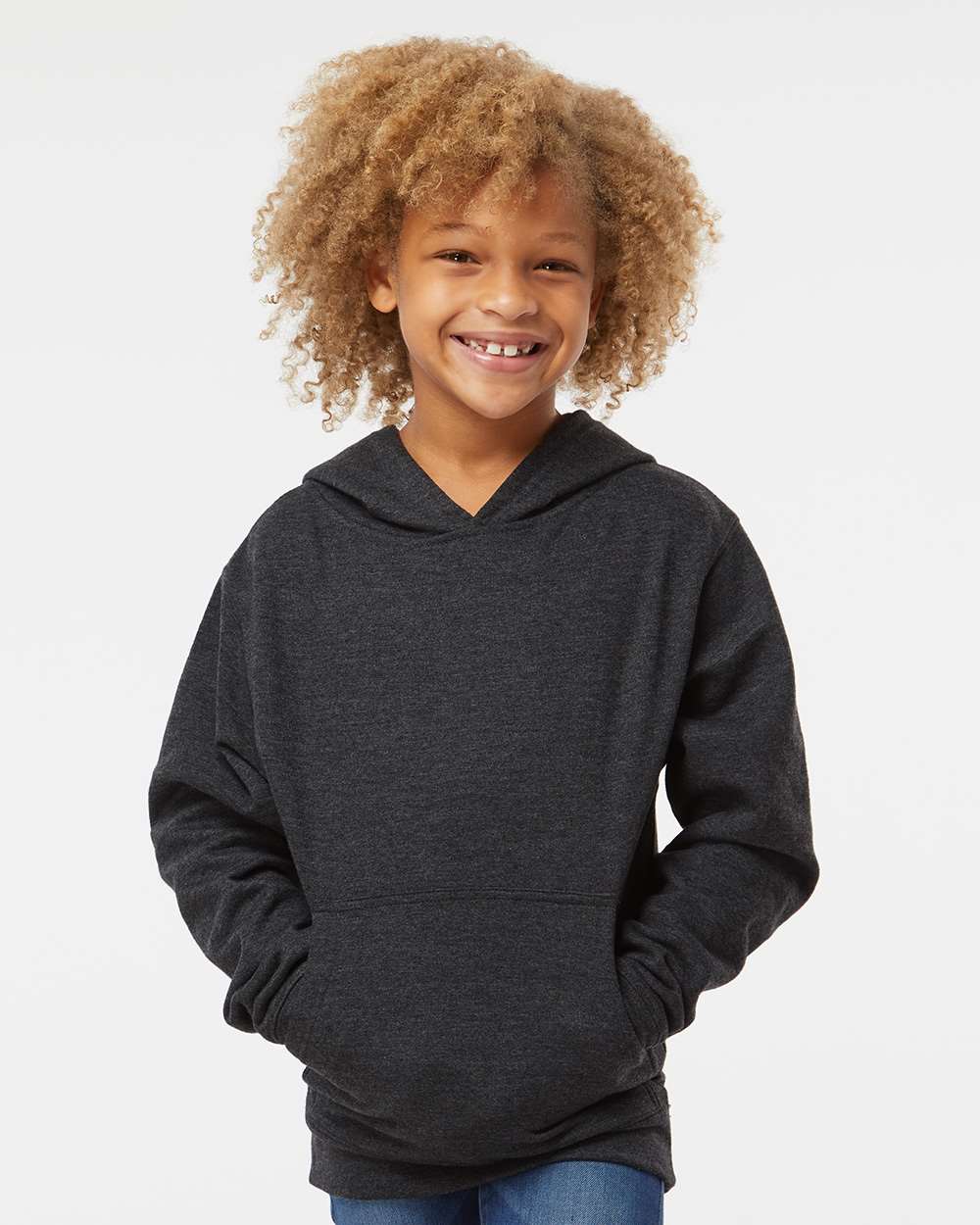 Youth Midweight Hooded Sweatshirt - OnModelFront - B32076093 - Charcoal Heather