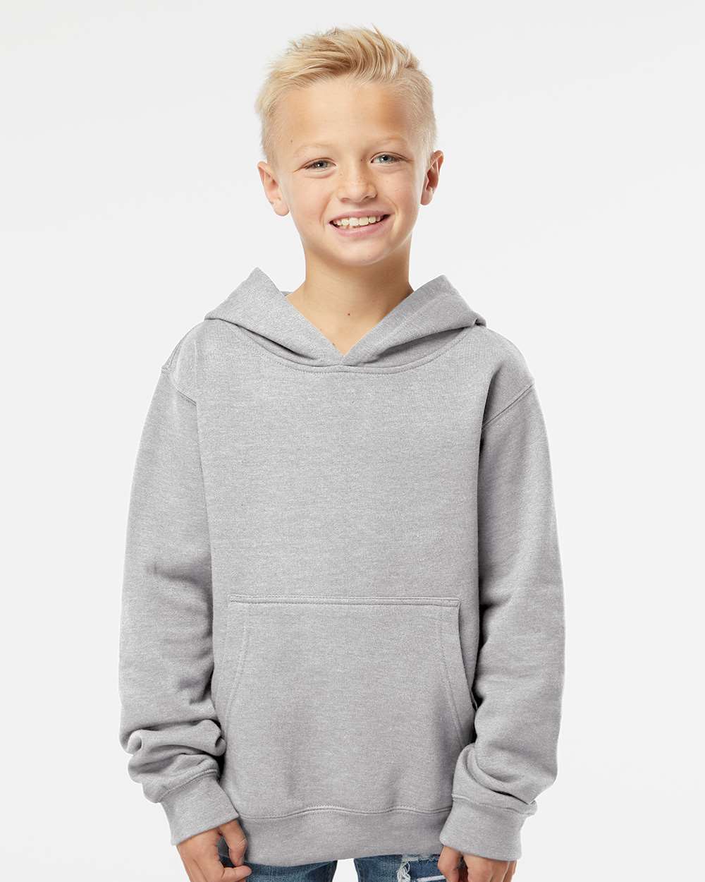 Youth Midweight Hooded Sweatshirt - OnModelFront - B32076353 - Grey Heather
