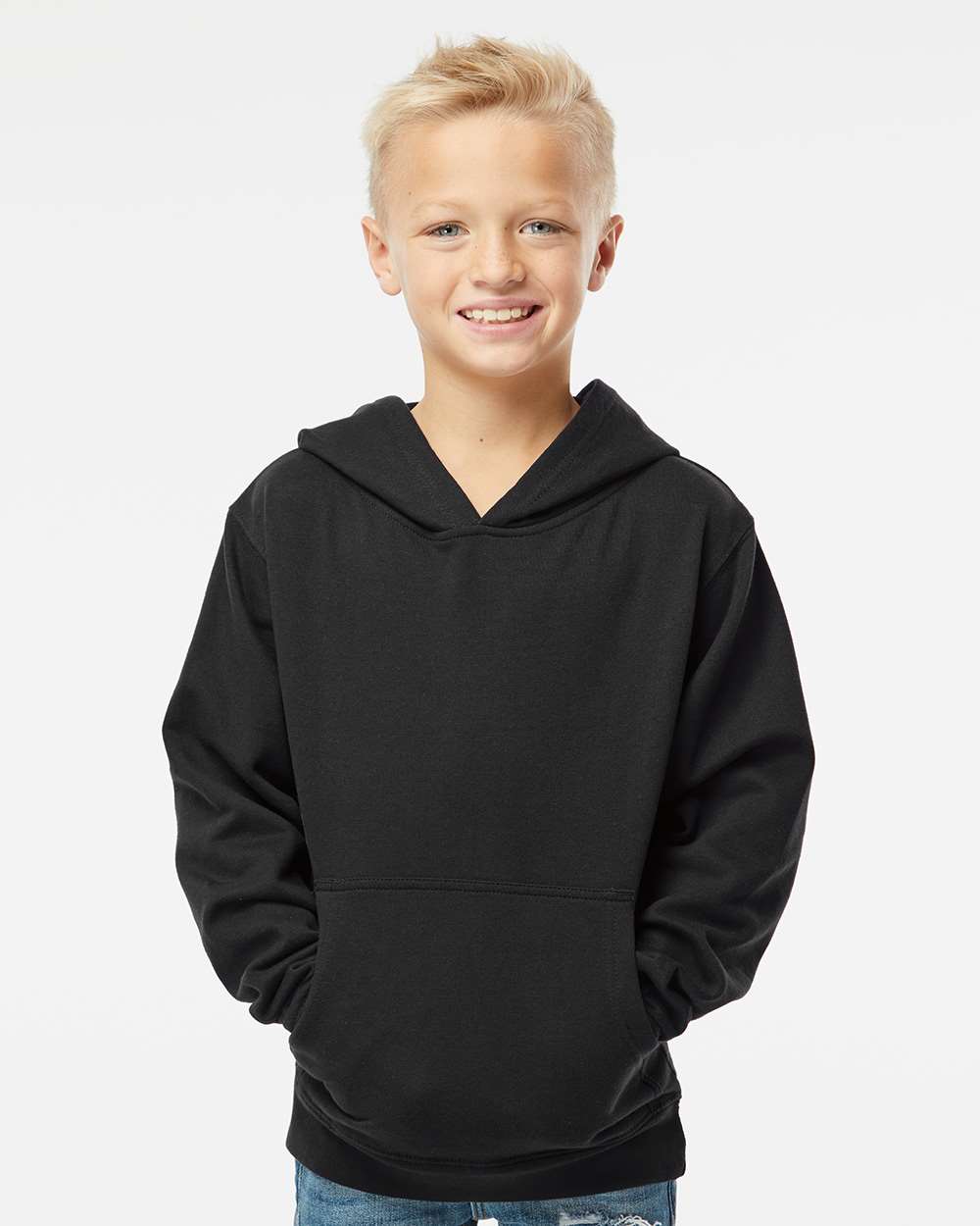 Youth Midweight Hooded Sweatshirt - OnModelFront - B32076503 - Black